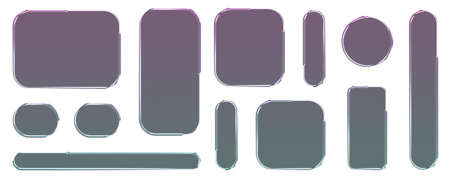 Transparent glass elements with liquid morphism effect for ui design and modern interfaces. Rounded rectangles, circles and buttons with frosted blur overlay. Glassmorphism components for web or app