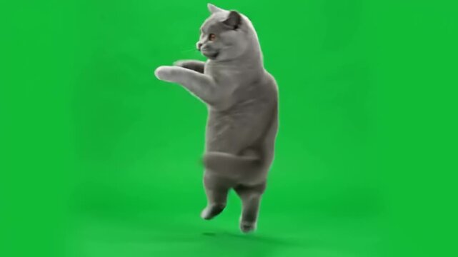Adorable British Shorthair Cat Performing a Fun Freestyle Dance on a Vibrant Green Screen Background