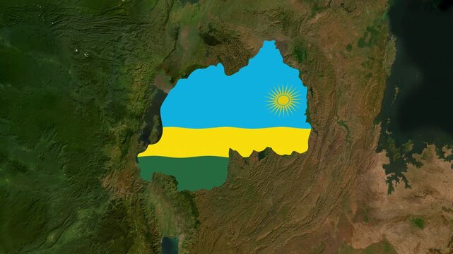 Satellite map animation of Rwanda with moving clouds, growing ink-shape waving flag of the country, gradient outline indicating the border. Highlighted territory.