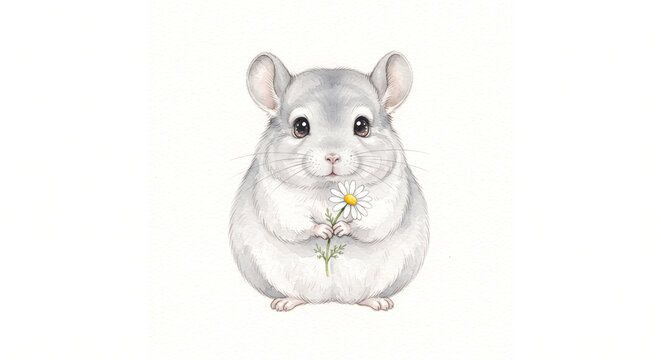 Cute Watercolor Fluffy Chinchilla Holding a Daisy in Tiny Paws