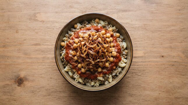 Overhead view of Egyptian Koshary topped with crispy fried onions in a bowl on a dark wood background. The staple dish features a hearty mixture of rice