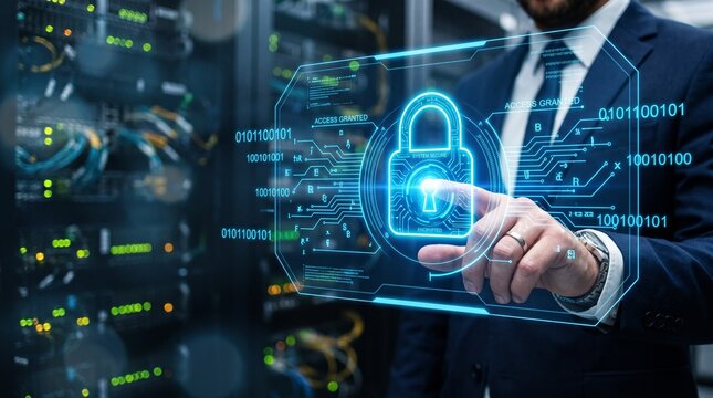Businessman Activating Cybersecurity Digital Lock Interface in Data Server Center