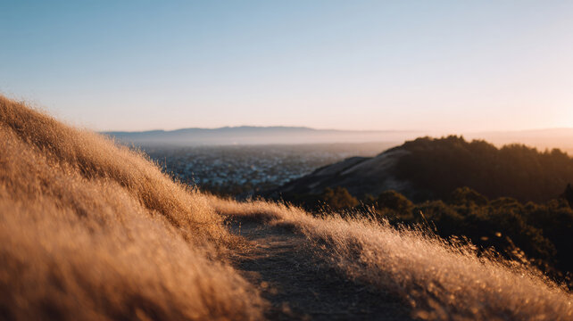 Golden grass hillside trail at sunset