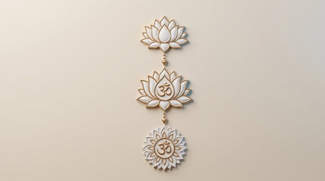 Om Symbol in Lotus Flower Carvings on Beige Background &ndash; Spiritual Yoga Meditation Concept Banner