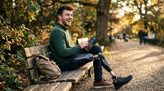Smiling man with prosthetic leg using tablet on park bench in autumn sunlight