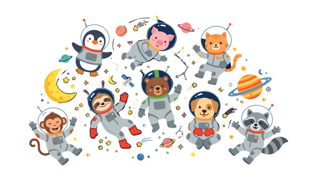 Cute cartoon animals in space suits collection set with penguin pig cat monkey bear sloth dog raccoon floating among planets stars vector illustration