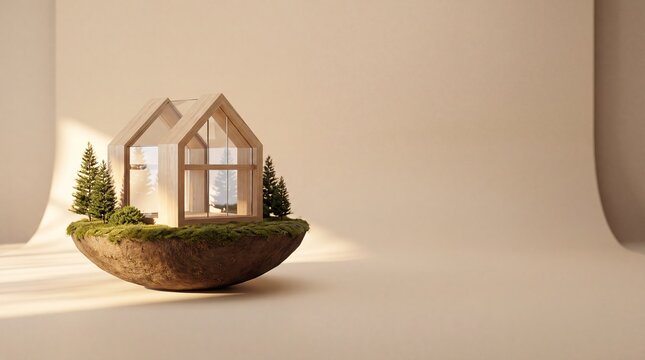 Floating house model for e-commerce promotion in a minimalist setting for real estate sale