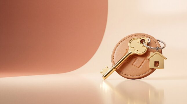 Commercial 3D e-commerce sale promotion banner for real estate featuring a golden house key and empty space for text