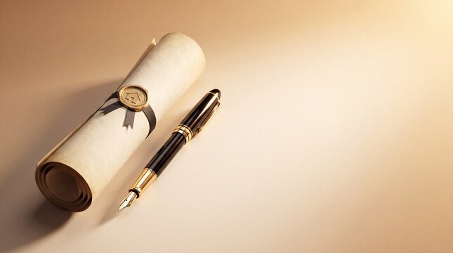 Commercial 3D e-commerce sale promotion banner featuring a real estate contract and fountain pen with space for text