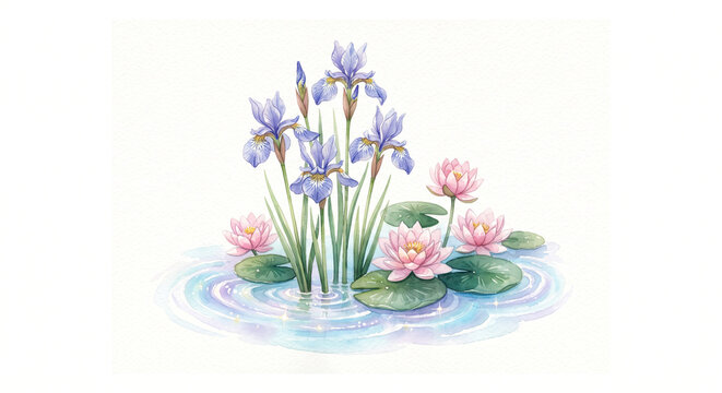 Cute Watercolor Wild Blue Iris and Water Lilies Pond Scene