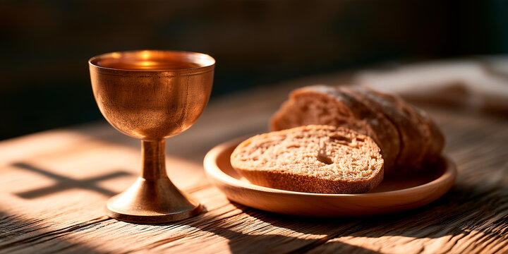 Holy communion chalice and bread on table. Christian eucharist ritual with cross shadow