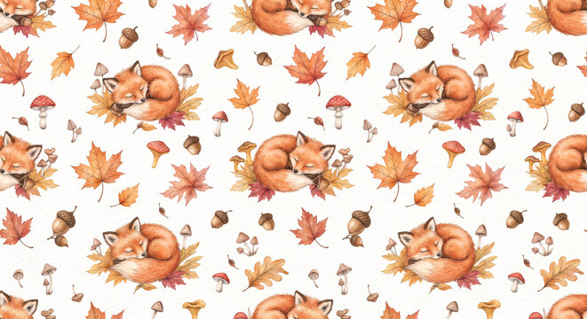 Cute Watercolor Seamless Pattern of Autumn Woodland Leaves, Acorns, and Foxes