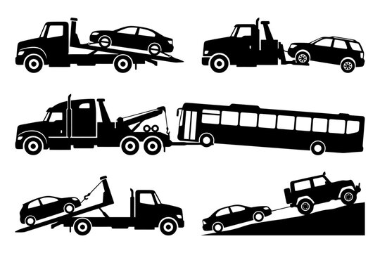 Silhouettes of tow trucks towing various vehicles and bus.