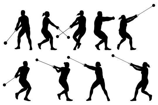 Silhouettes of athletes performing hammer throw actions.
