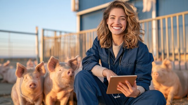 A smiling woman in a blue coverall holds a tablet while sitting outdoors with two pigs by her side at a farm or rural setting.