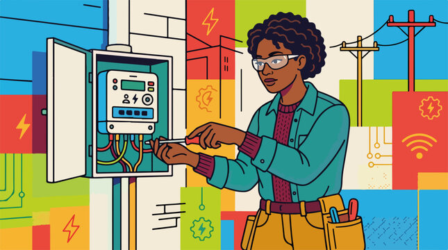 Female electrician installing a smart meter. Energy consumption and technology concept. Flat line art vector illustration