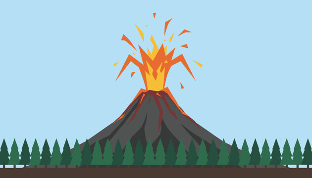 Dramatic vector illustration of an erupting volcano throwing hot lava and rocks high into the sky over a pine forest.