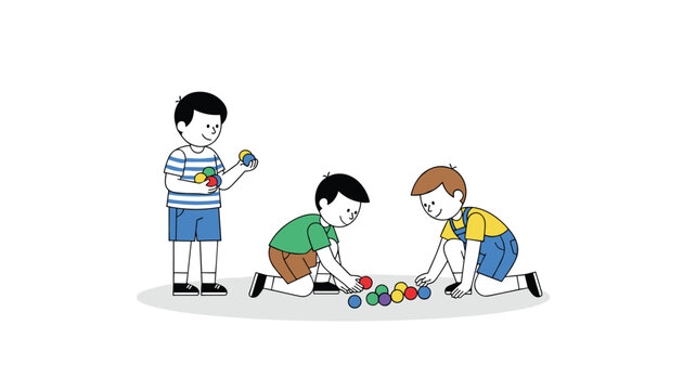 Three cheerful young boys sitting on the floor and playing with a large collection of colorful glass marbles together.