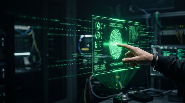 Cybersecurity Expert Using Futuristic Holographic Interface for Biometric Fingerprint Data Access and Server Security