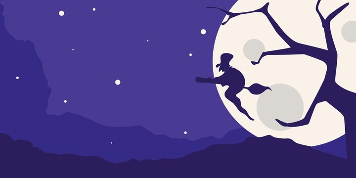 Halloween Witch Flying Across Full Moon With Copyspace Night Background