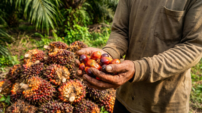 Close-up detail of a farmer holding freshly harvested oil palm fruits, showcasing the vibrant red and orange colors and distinctive texture of the fruit bunches.