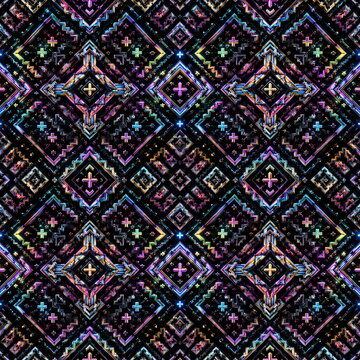 Cyberpunk ethno holographic seamless vector pattern with traditional Ukrainian ethnic motifs, folk cross stitch ornament, flowers and geometric shapes