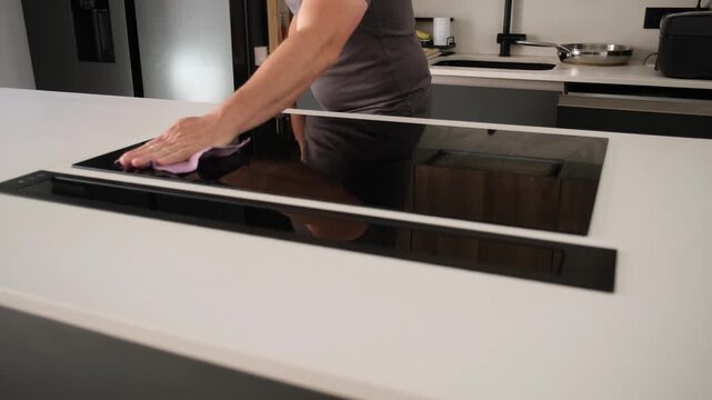 Male hands wiping a glass ceramic stove top with a microfiber cloth in a contemporary kitchen