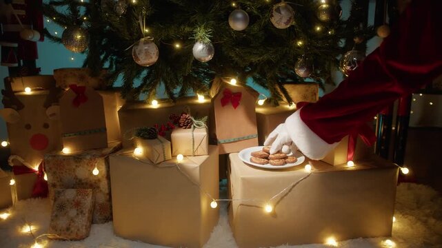 Santa Claus places gifts under the tree