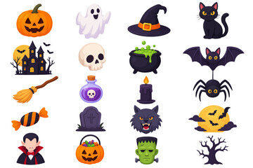 Obraz premium Halloween holiday elements and cartoon spooky icon set isolated on white background
