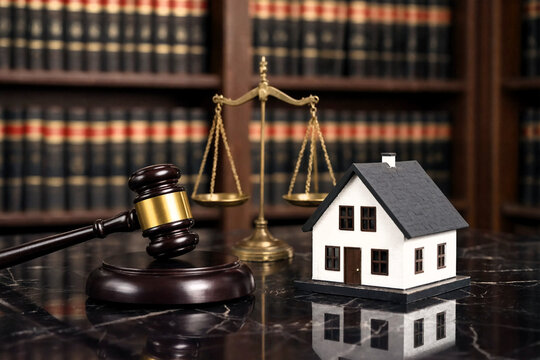 Gavel and house model on a desk in a law library