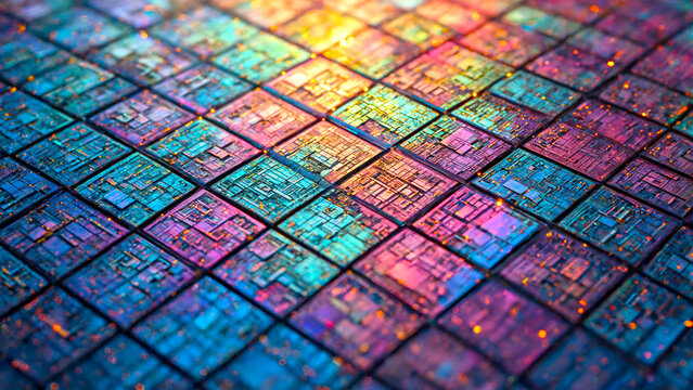 Iridescent silicon wafer grid showing microchip circuitry with colorful light reflections