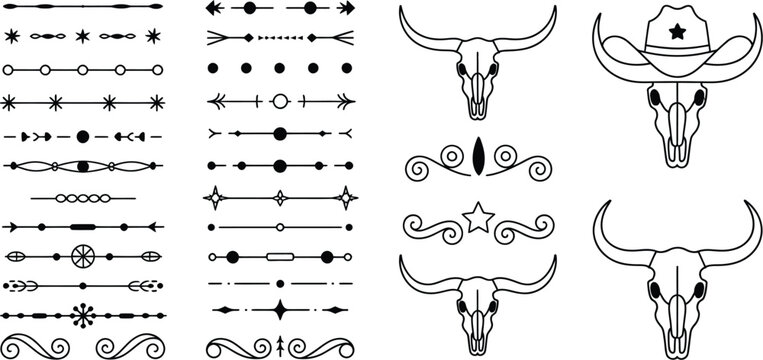 Old western, style decorative line dividers vector set, rustic western ornamental designs featuring cowboy motifs for branding typography menus posters packaging and compositions.