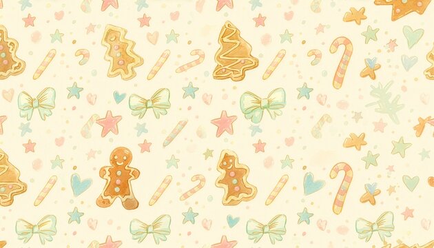 Golden Christmas gingerbread man cookies and candy canes seamless pattern