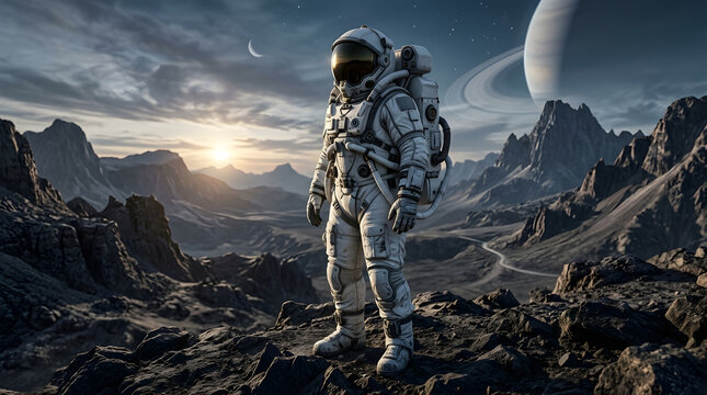 Futuristic Astronaut Exploring an Alien Planet with Rocky Mountains and Moons in the Background, Science Fiction Space Concept