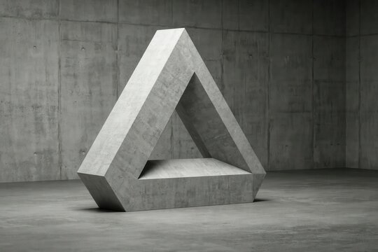 Concrete penrose triangle sculpture in a minimalist industrial room