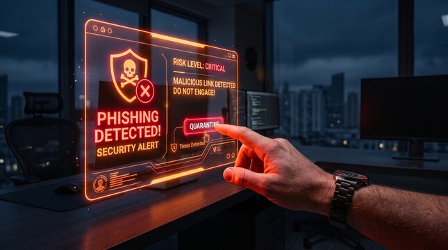 Cybersecurity Expert Interacting with Advanced Holographic Interface Detecting Digital Network Security Anomalies