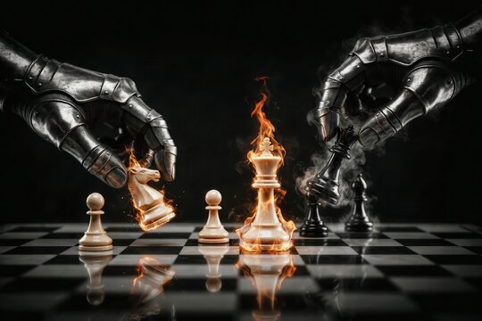 Armored hands playing a highstakes chess game with flaming pieces