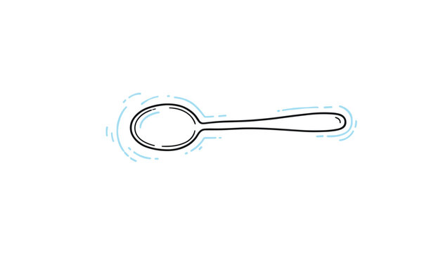 Hand-drawn outline of a metal soup spoon with blue artistic accents around the bowl isolated on white background.