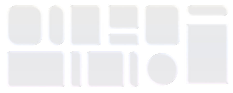 Transparent glass elements with liquid morphism effect for ui design and modern interfaces. Rounded rectangles, circles and buttons with frosted blur overlay. Glassmorphism components for web or app