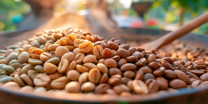 Fresh coffee bean pile in varied roast color, from green to dark brown, displayed on a wooden tray with a warm natural market atmosphere.