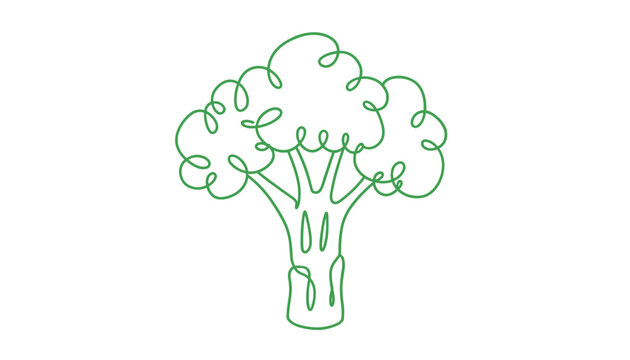 Minimalist single line green drawing of a healthy fresh broccoli vegetable on a plain white background.