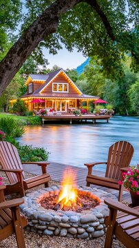 Cozy mountain cabin beside a flowing river with outdoor seating and a glowing fire pit, surrounded by lush forest and scenic mountain landscape.