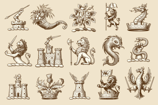 Monochrome line-art engravings collection of miscellaneous heraldic crests and emblems, including lions holding weapons and flags, castle towers, cornucopias, dragons, serpents, and floral crests