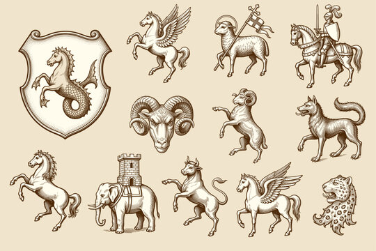 Monochrome line-art engravings of classic heraldic beasts, including a sea horse, pegasus, ram, wolf, bull, knight chevalier, and leopard head depicted in traditional heraldic stances