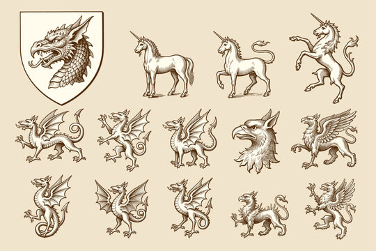 Monochrome line-art engravings of mythical heraldic monsters, illustrating dragons, wyverns, unicorns, and gryphons depicted in classic heraldic attitudes