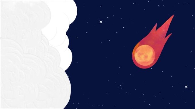 Vector illustration of a bright red shooting star or comet passing by white clouds in a dark blue starry night sky