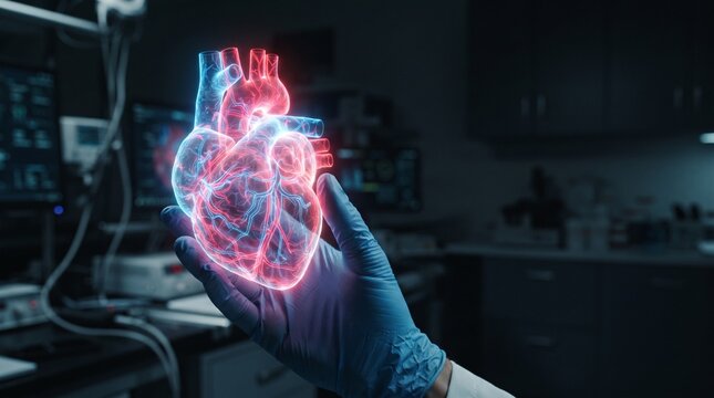Medical Professional Examining a Holographic 3D Human Heart Model in a Modern Clinical Laboratory Setting