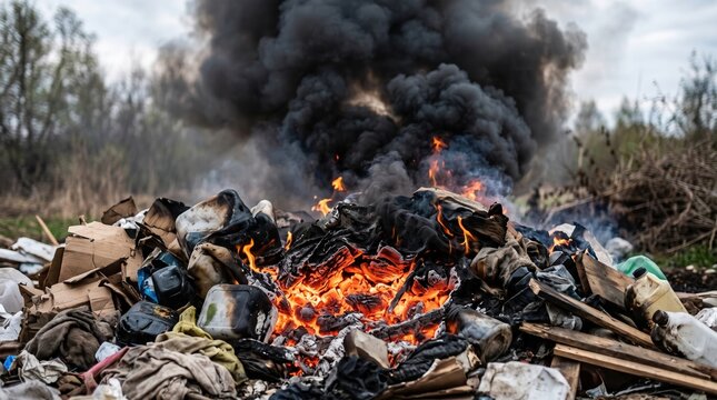 Large outdoor waste fire burning amid discarded materials in nature