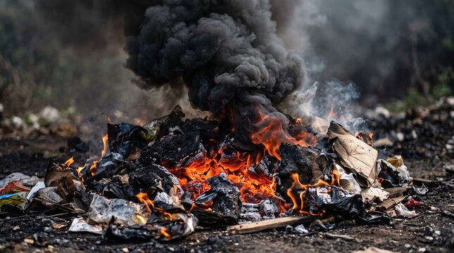 Burning trash fire with thick smoke in outdoor natural setting