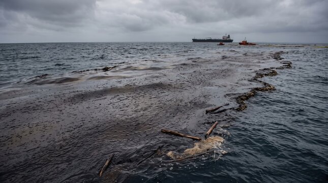 Oil spill in ocean with cargo ship in background under cloudy sky